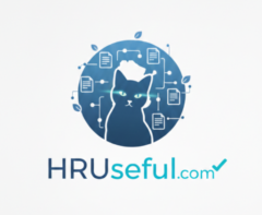 Logo de HRU (HR Useful) con ícono de gato y nodos tecnológicos, representando asesoría laboral técnica y moderna. / HRU (HR Useful) logo with cat icon and tech nodes, representing modern and technical labor relations advisory.