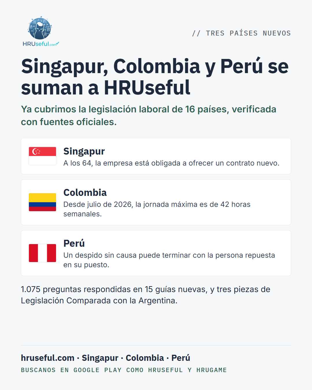 Singapur, Colombia y Perú se suman a HRUseful: ya cubrimos 16 países